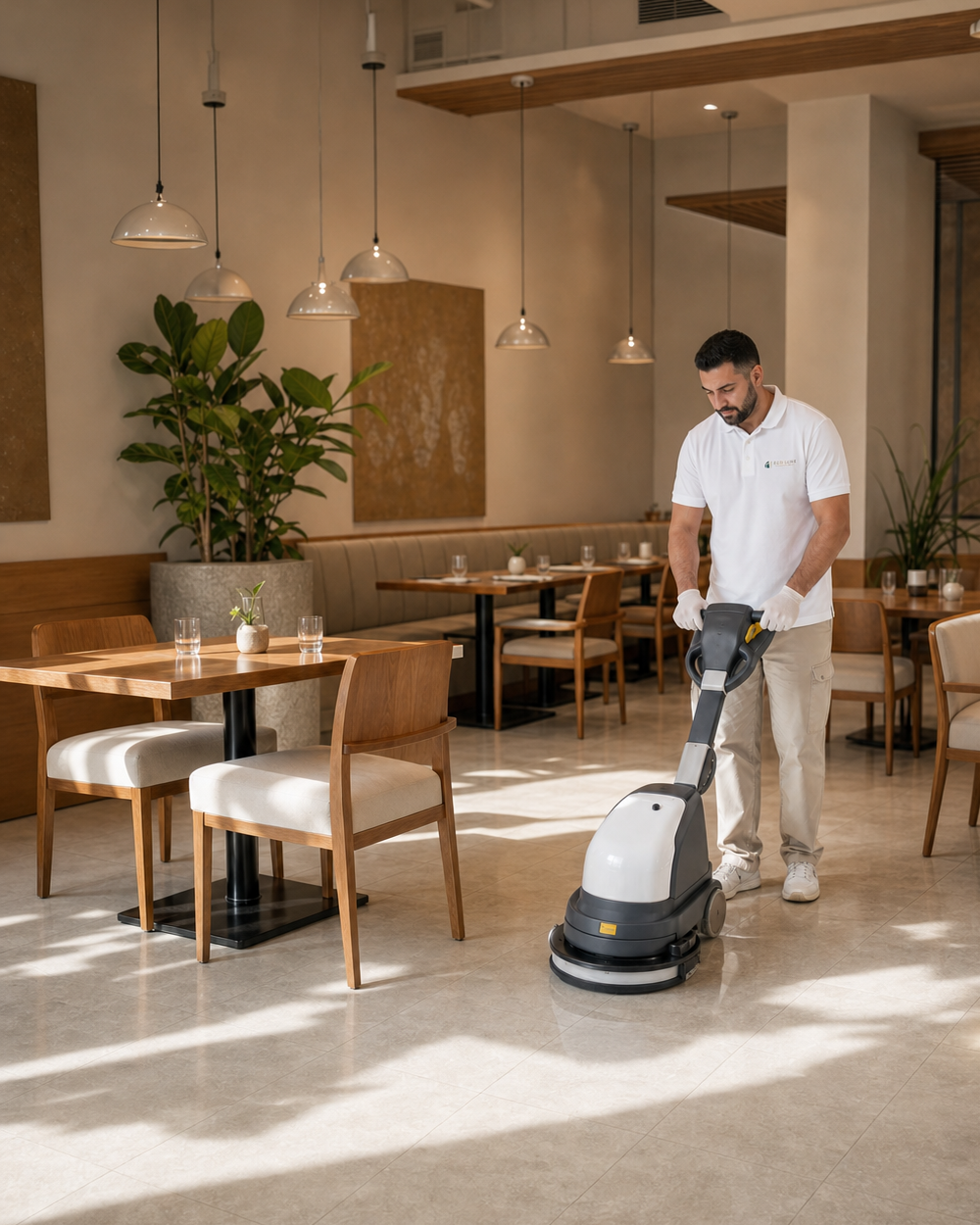 EcoLuxe professional maintaining a restaurant floor